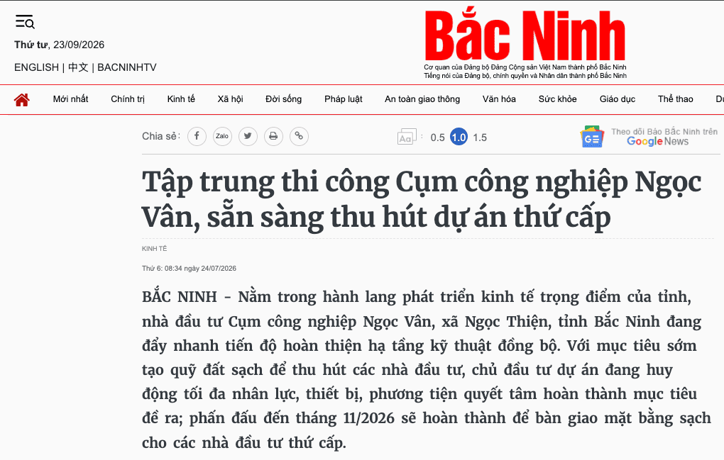 Báo Bắc Ninh đăng bài viết ghi nhận tiến độ thi công tại Cụm Công Nghiệp Ngọc Vân